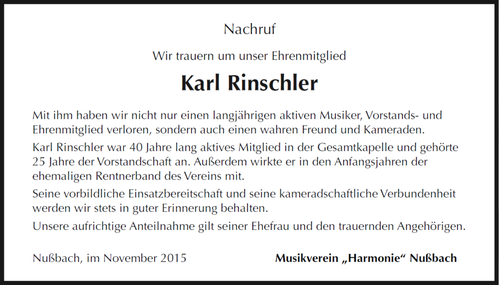 Nachruf Karl Rinschler